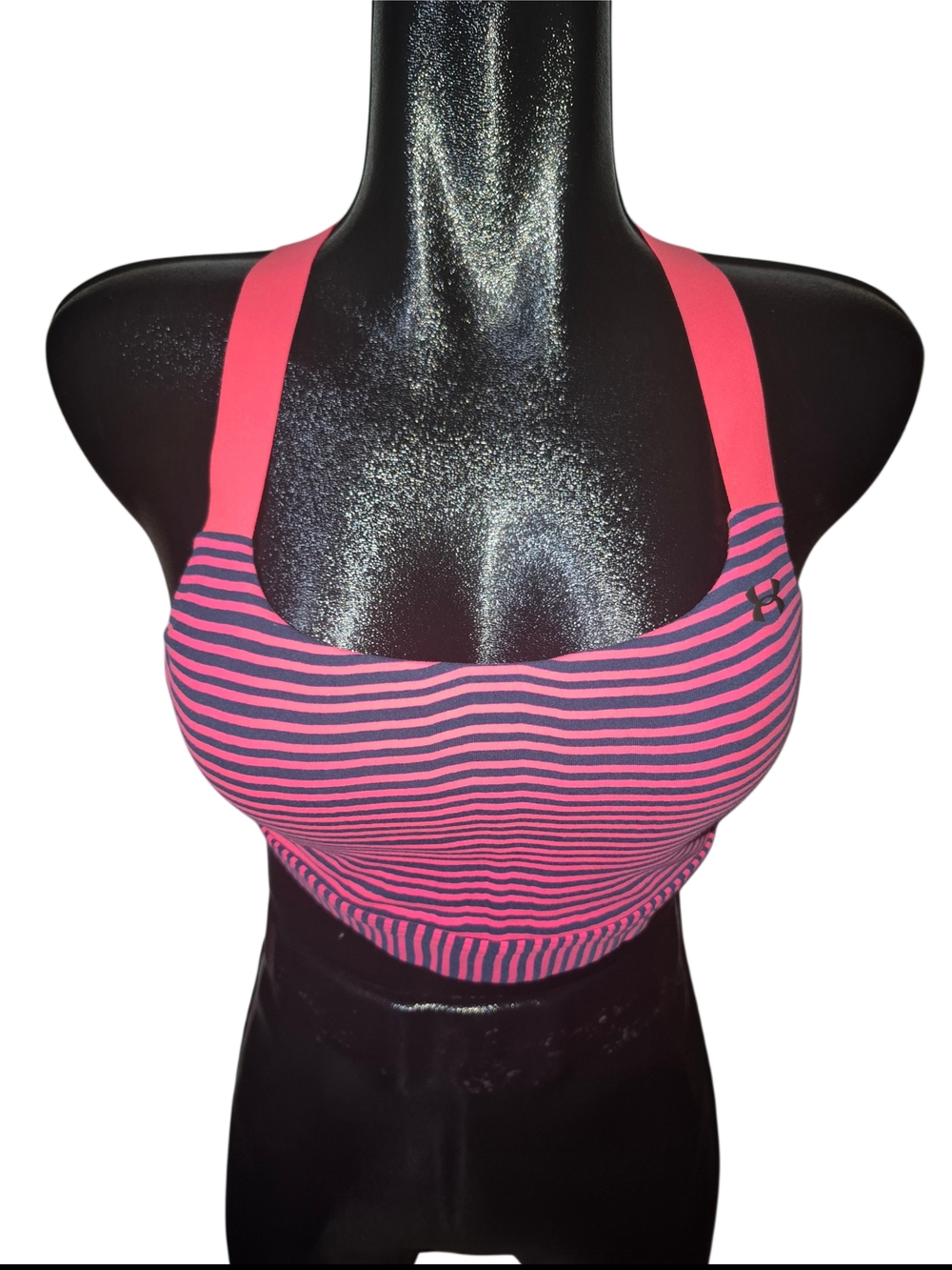 Under Armour Pink and Navy Striped Activewear Sports Workout Bra Size L